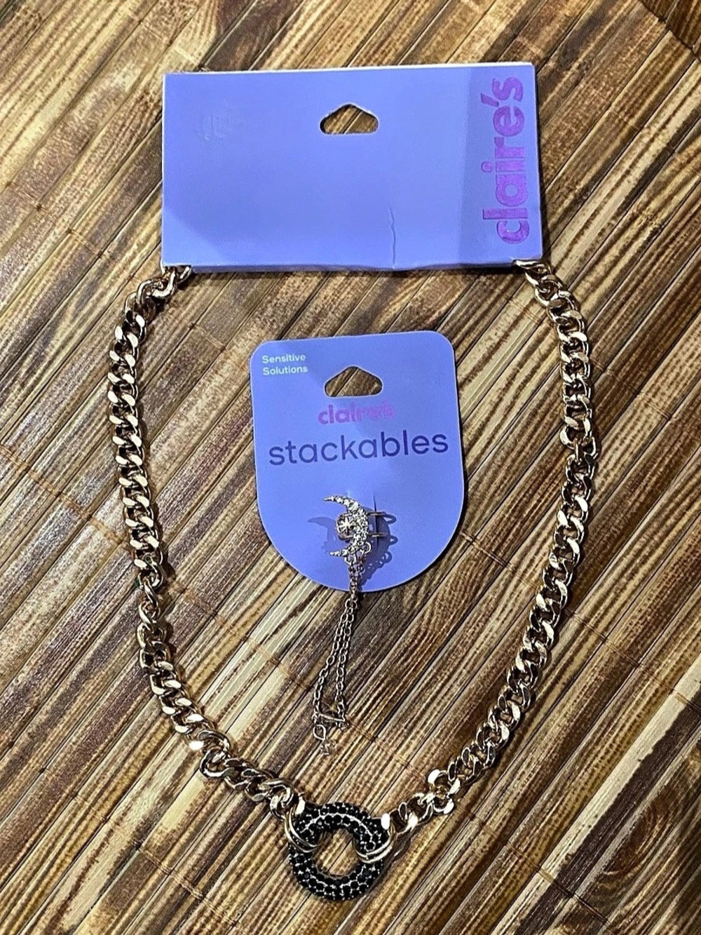 Claire's Chain Pendant Necklace in Gold & Black and ear cuff with rhinestone moo